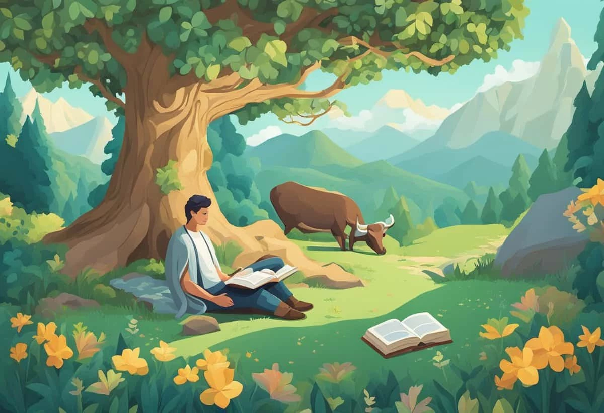 A person reads under a tree in a serene mountain meadow while a cow grazes nearby.