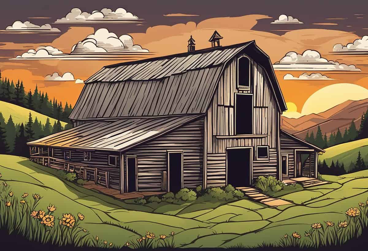 An illustration of an old wooden barn in a rural landscape at sunset.