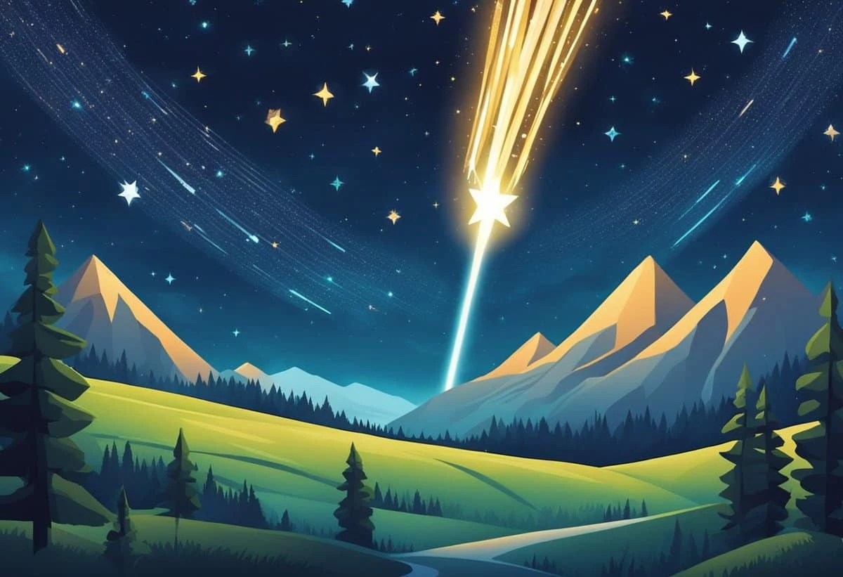A stylized illustration of a shooting star streaking across a starlit sky over a mountainous landscape with pine trees.