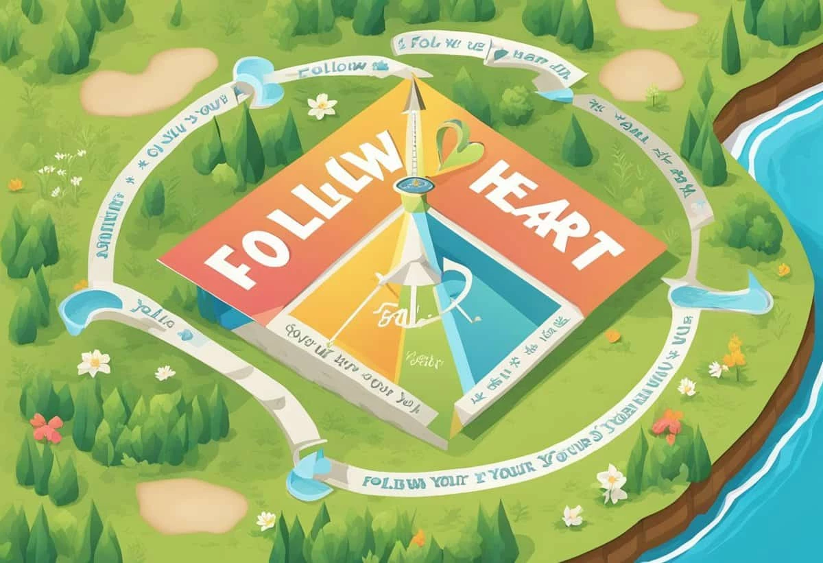 Illustration of a colorful, heart-shaped compass with paths marked "follow your heart" in a whimsical natural landscape.