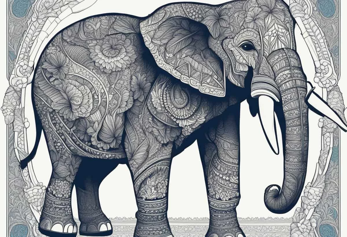 An intricately patterned elephant illustration.