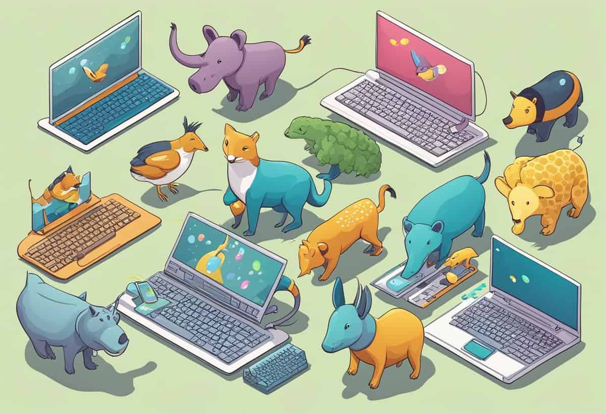 Illustration of various animals engaging with laptops in humorous human-like behavior.