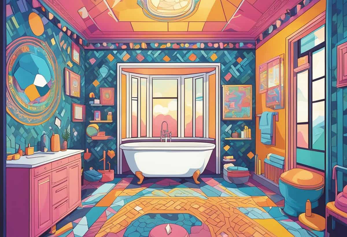 Vibrantly colored, retro-styled bathroom with eclectic patterns and a freestanding bathtub facing a window with a view of the sunset.