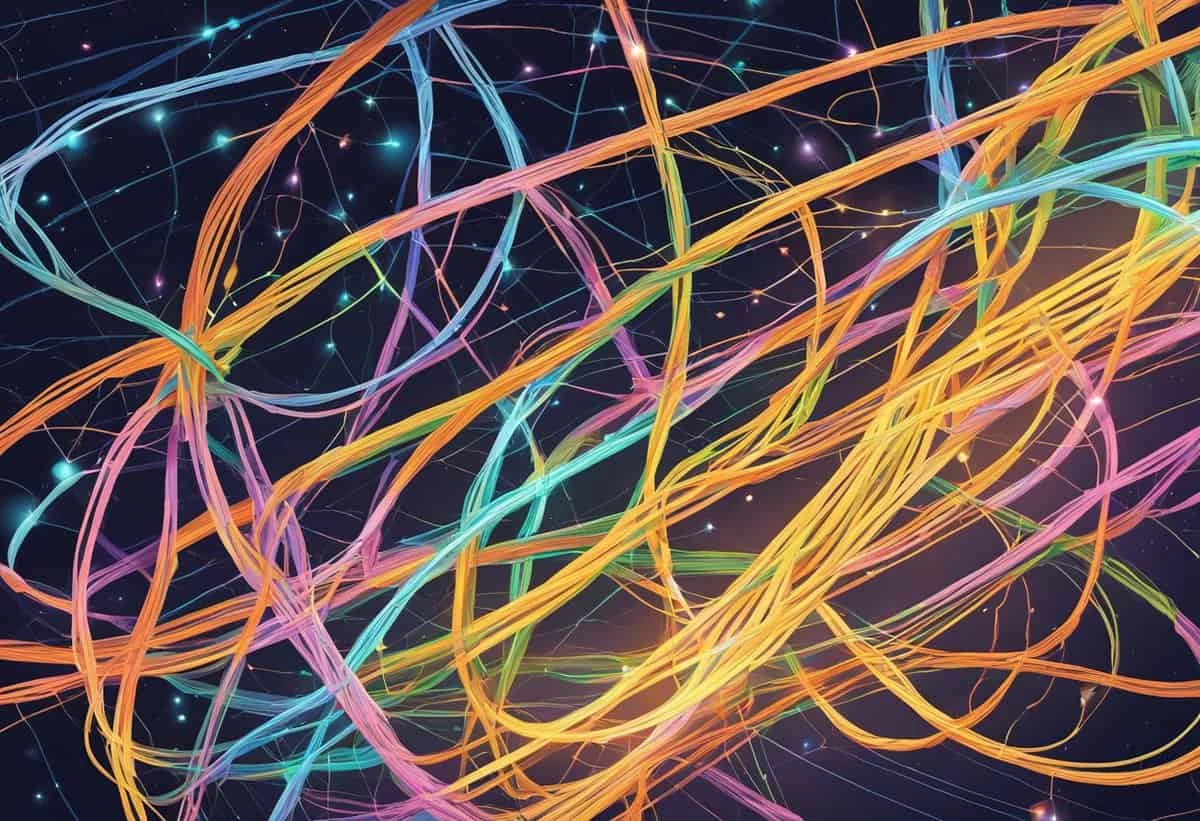 Colorful digital abstract of intertwined lines against a dark, starry background.