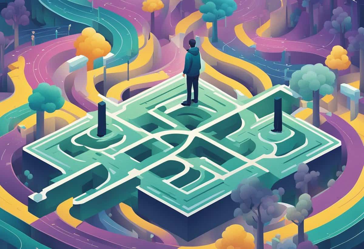A person standing at the center of a three-dimensional maze surrounded by whimsical, colorful landscape.