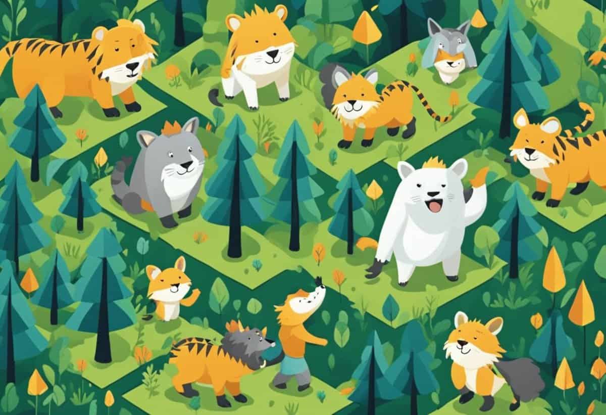 Illustration of various cartoon animals, including tigers and raccoons, in a stylized forest setting.