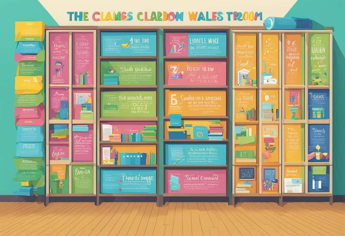 A colorful illustration of a bookshelf filled with books of various sizes, each spine displaying a different playful title and design, against a pastel background.
