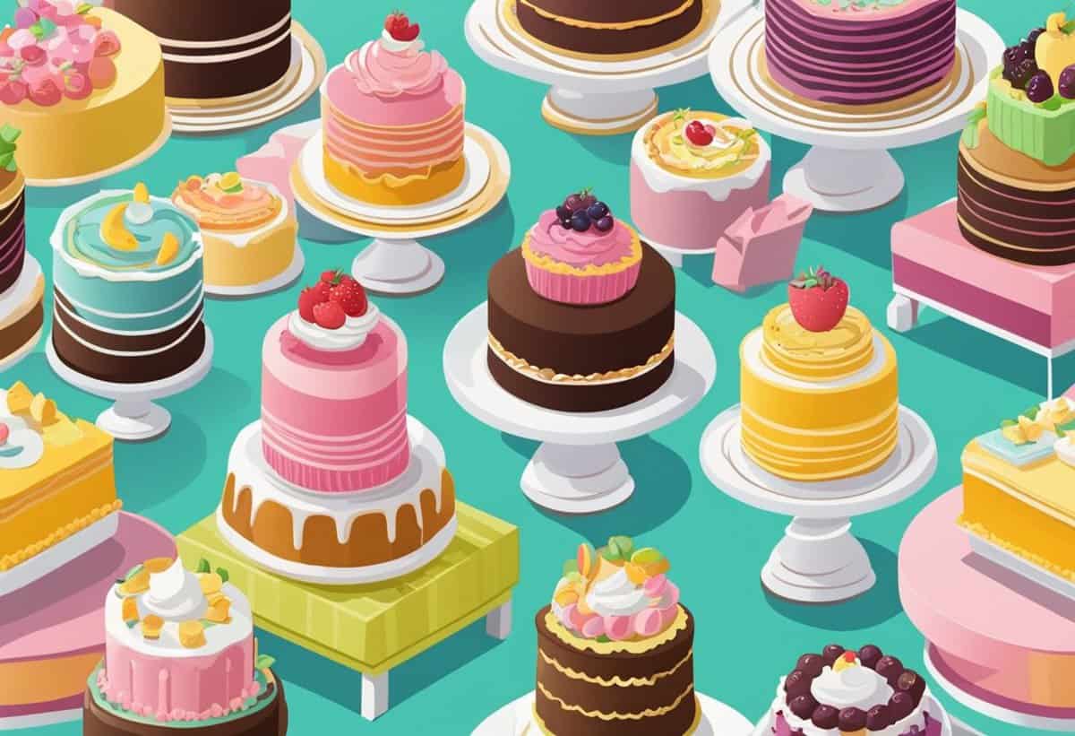 Assorted colorful cakes on cake stands arranged in a pattern.