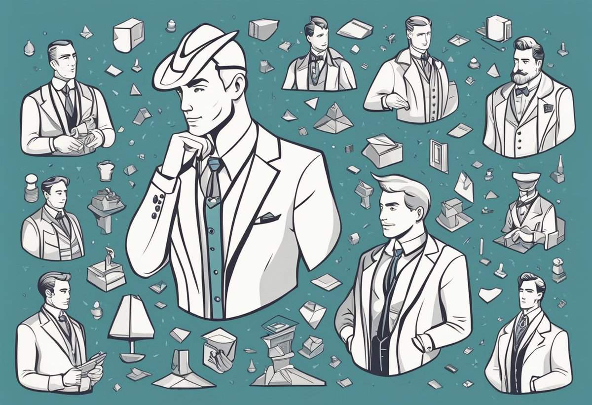 A collage of stylized illustrations featuring a man in various poses with vintage fashion elements on a teal background.