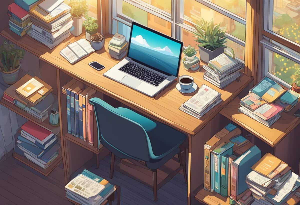 A cozy and sunlit home office with a laptop on a desk surrounded by stacks of books and papers.