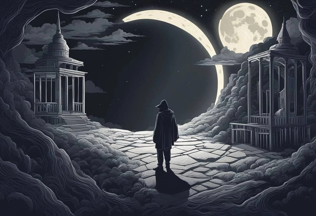 A solitary figure in a cloak stands on a stone path between two classical structures under a crescent moon and full moon in a monochromatic night scene.