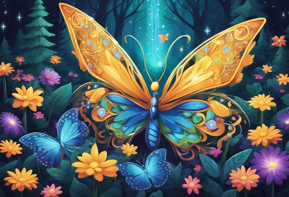A vibrant digital illustration of an oversized, ornate butterfly amidst a magical forest setting with smaller butterflies and colorful flowers.