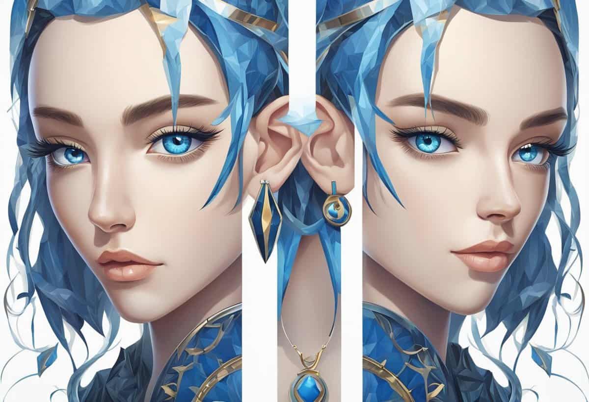 Digital art of a symmetrical, fantasy-themed female character with blue crystalline hair and striking blue eyes.