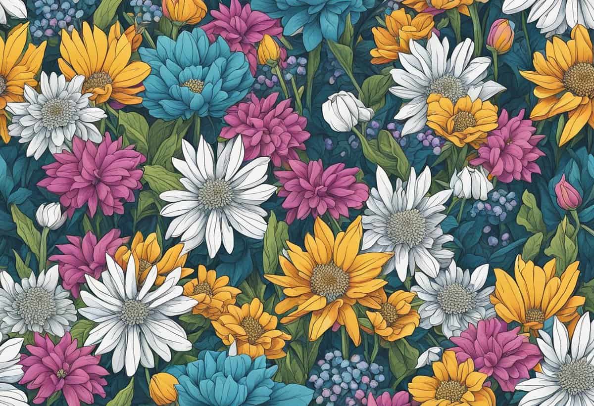 Colorful illustrated flowers in a dense, seamless pattern.