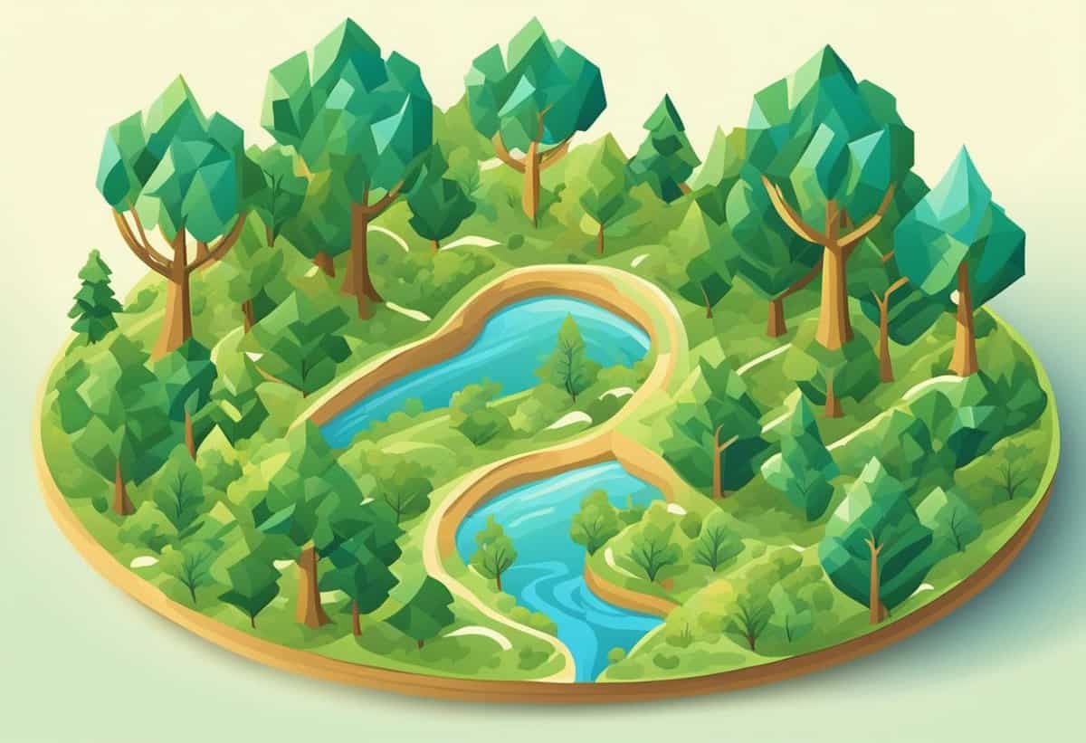 Stylized illustration of a green forest landscape with a winding river.