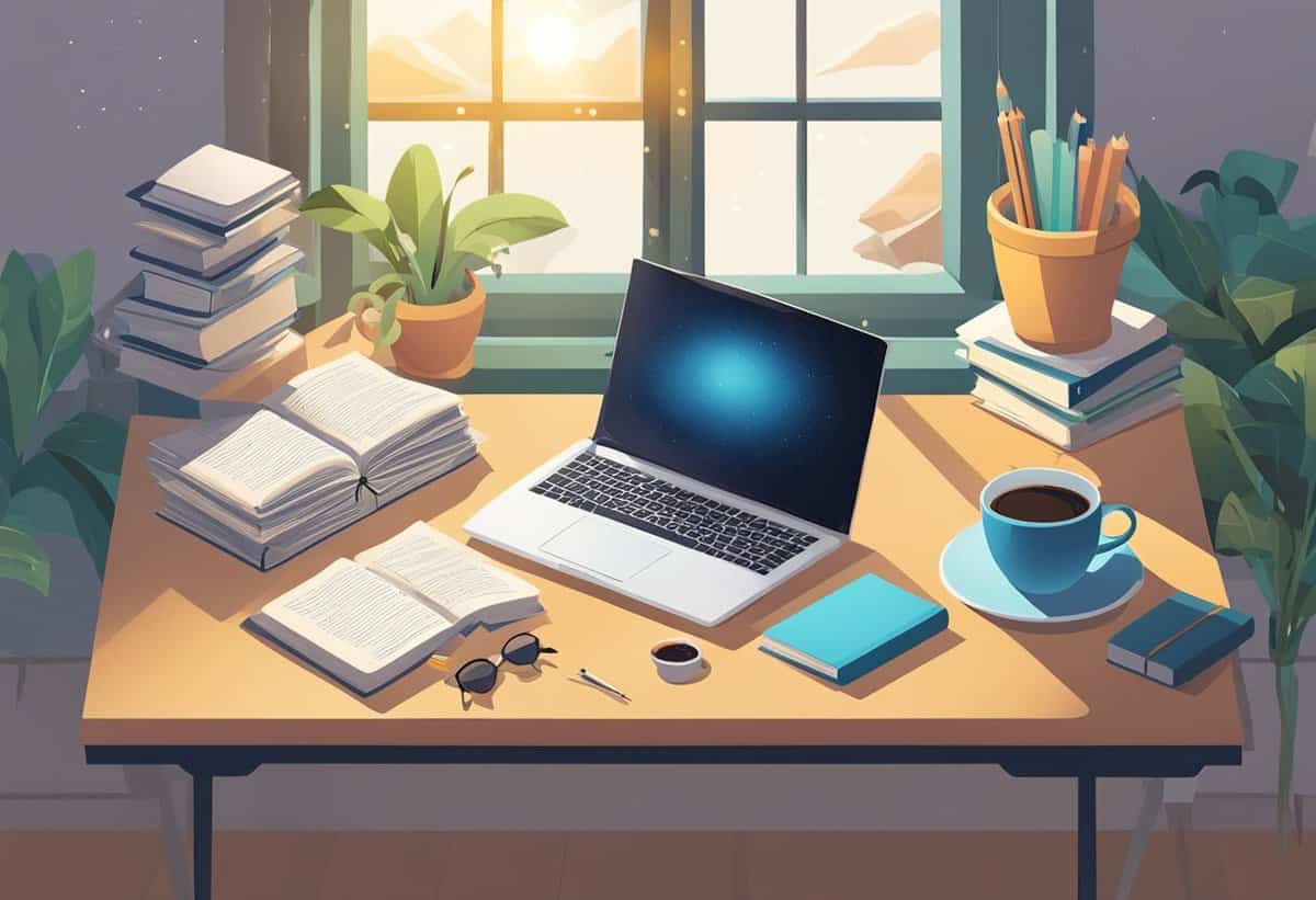 A cozy study setup with an open laptop, books, a plant, and a cup of coffee on a wooden desk by the window at twilight.