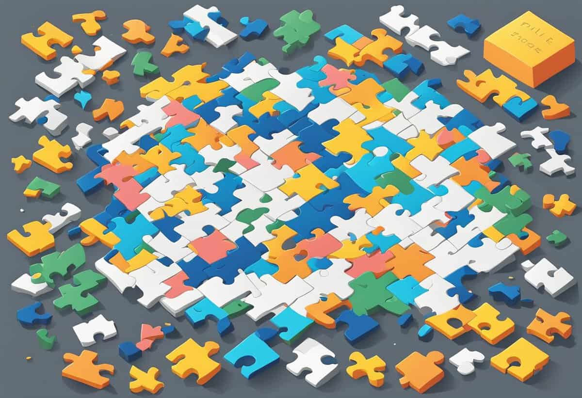 Colorful jigsaw puzzle pieces partially assembled on a grey background with a puzzle box.