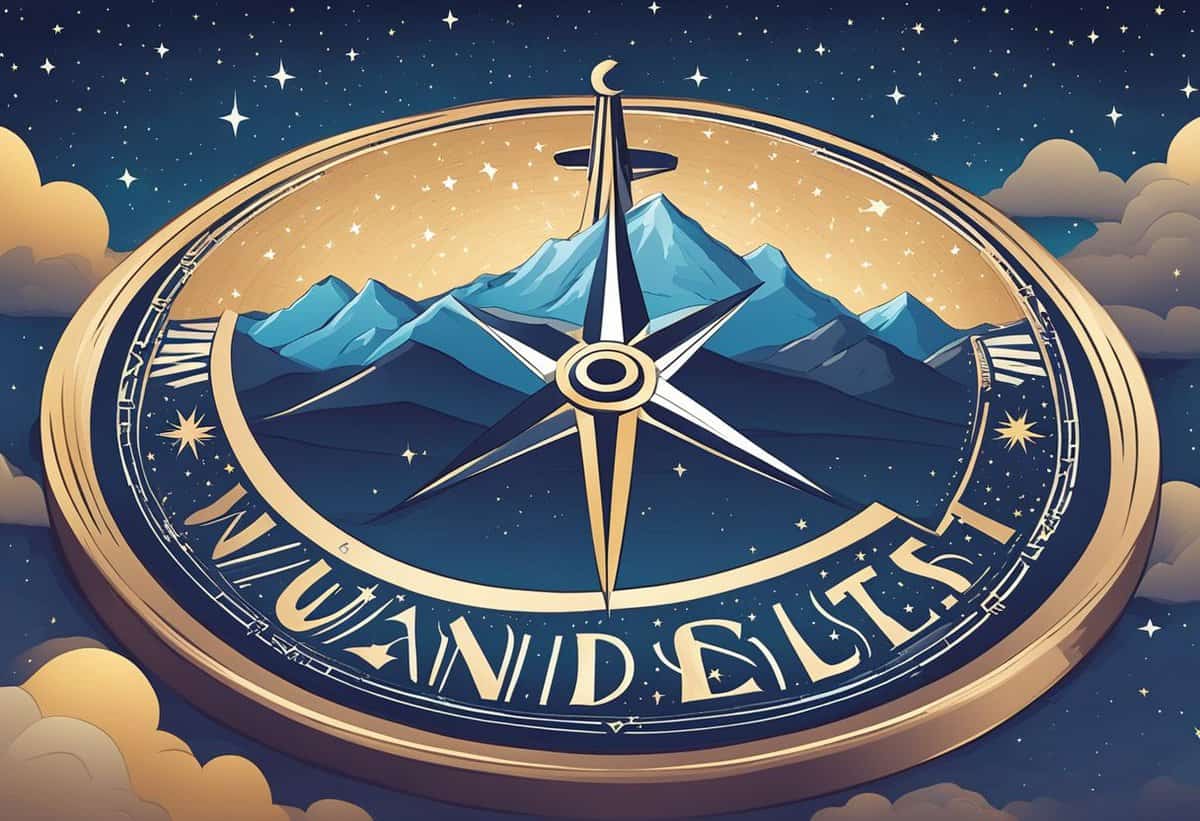 Illustration of a stylized compass rose superimposed on a mountain range with a starry night sky in the background.
