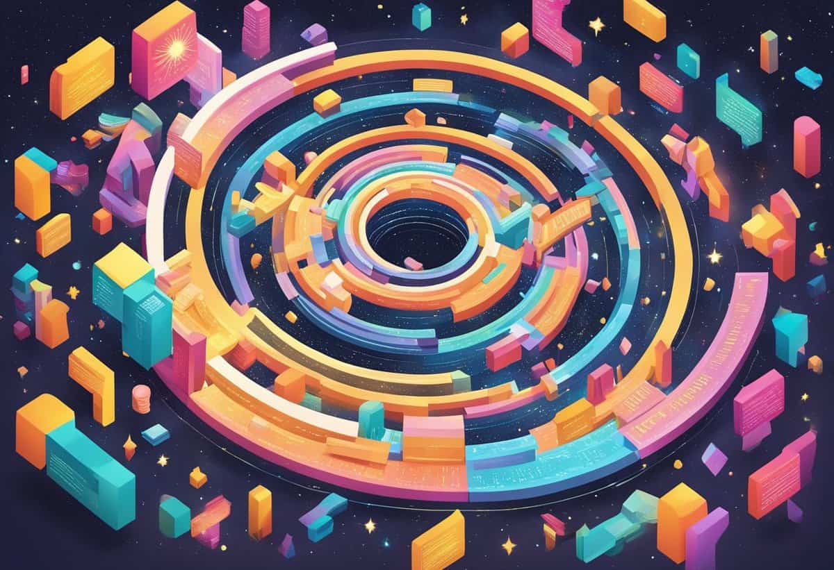 Colorful abstract digital artwork featuring geometric shapes and a central vortex on a starry background.