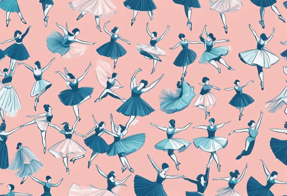 A patterned illustration featuring multiple ballet dancers in various poses on a pink background.