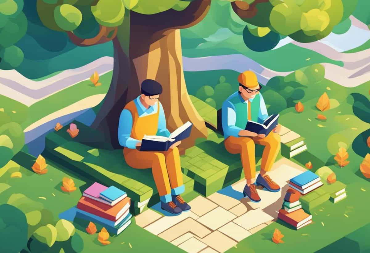 Two people sit under a tree reading books, surrounded by fallen leaves and stacks of books on the ground. The scene suggests a peaceful outdoor reading session in a park-like setting.