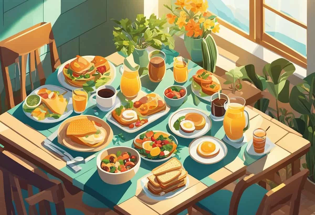 A vibrant illustration of a sunny breakfast spread with a variety of dishes on a wooden table.