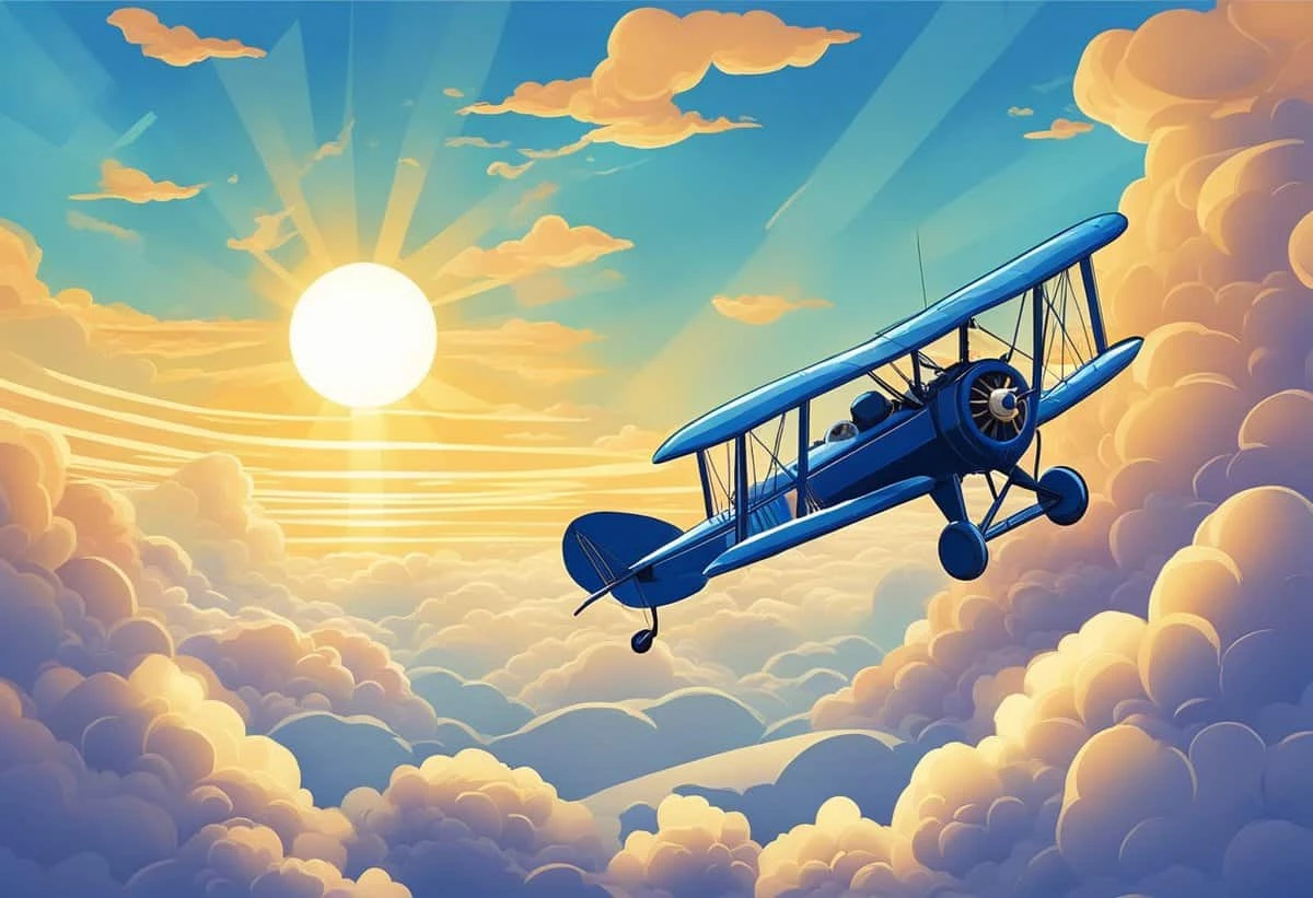 Vintage biplane flying over clouds at sunset.