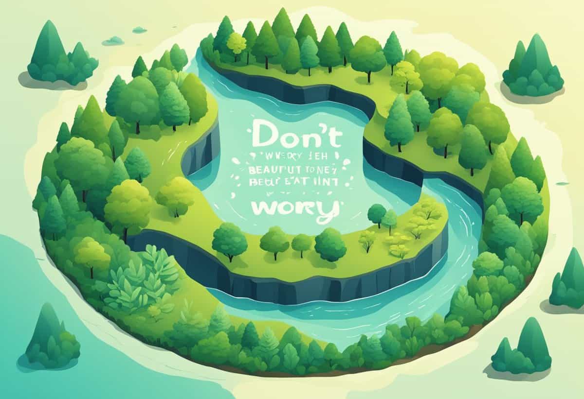 Illustration of a serene, looping river surrounded by lush trees with whimsical text across the center that reads "don't worry.