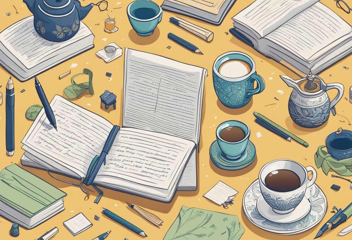 A neatly arranged desk with open journals, writing utensils, a teapot, and cups of tea on a yellow background.