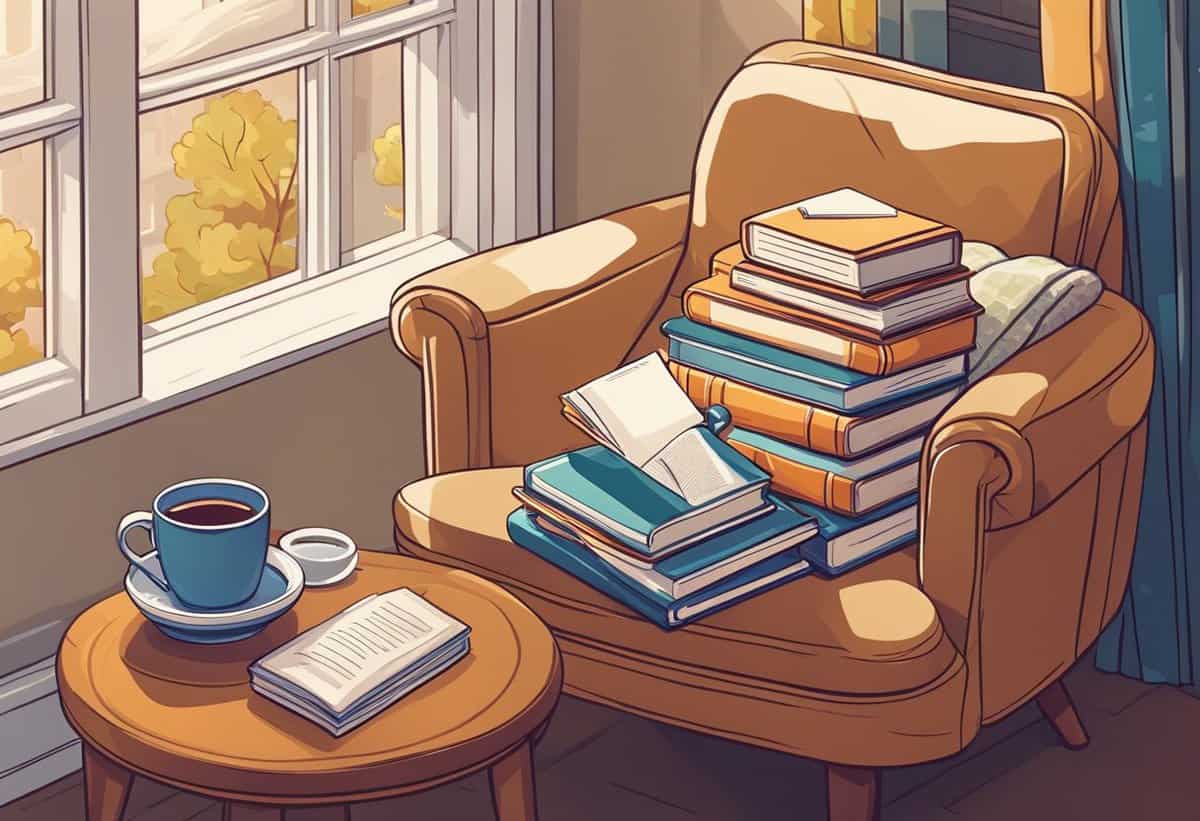 A cozy reading nook with a stack of books on an armchair and a coffee cup on the side table.