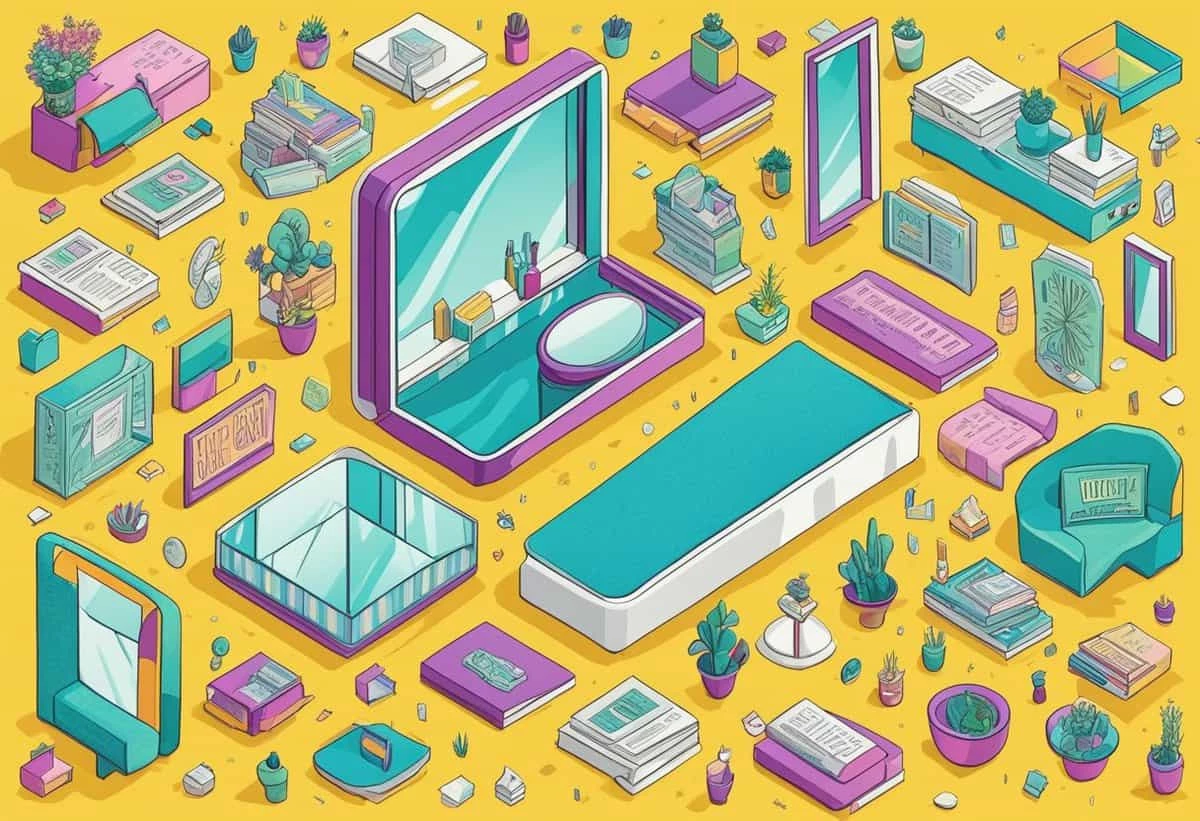 An isometric illustration of various pieces of furniture and houseplants in a pastel color scheme.