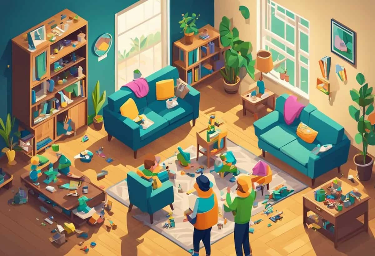 A colorful, isometric illustration of a messy living room with toys scattered everywhere, and two people standing amidst the clutter.