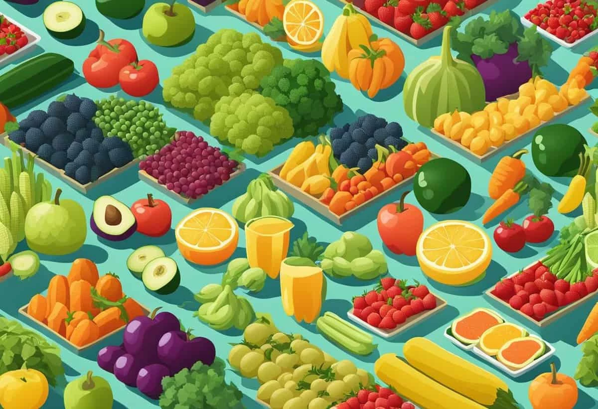 Assortment of colorful fruits and vegetables displayed in an organized pattern.