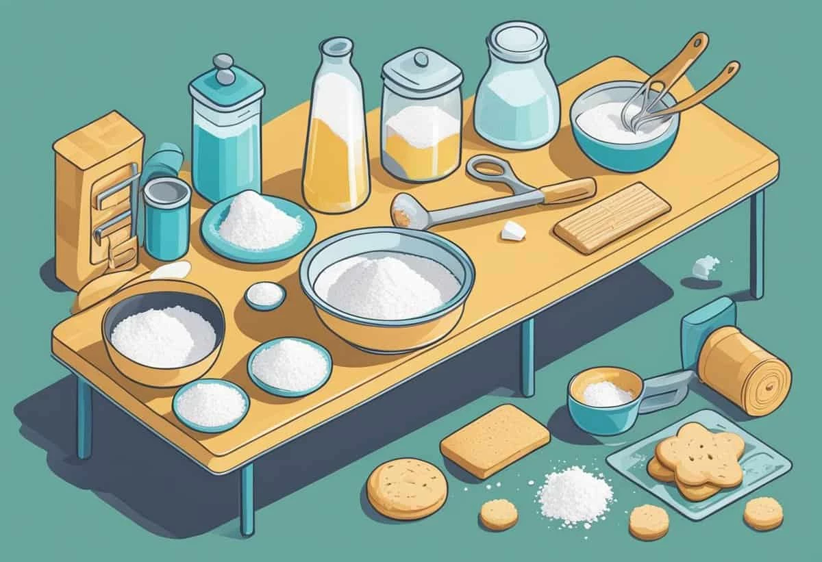An illustration of a baking setup with ingredients and utensils on a table.