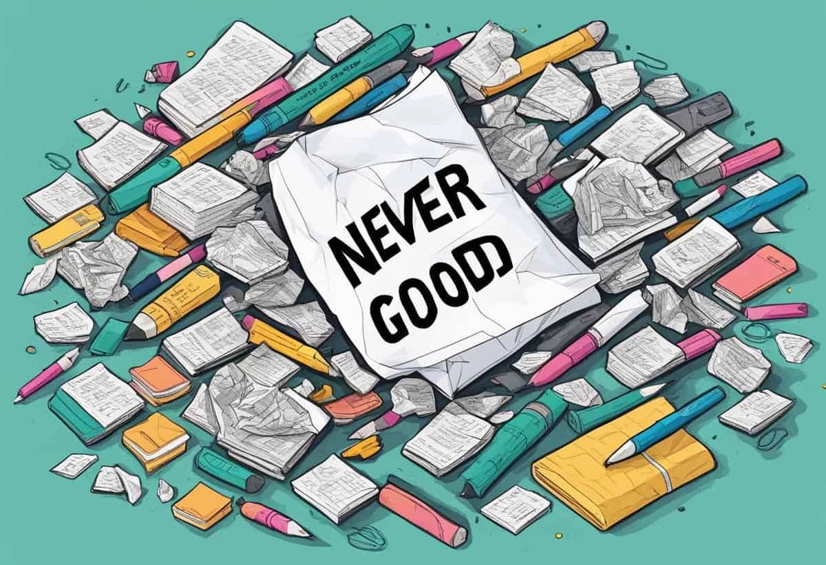 A crumpled paper with the text "never good" surrounded by discarded markers, pens, and crumpled papers on a teal background.