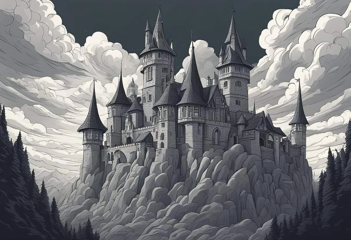 A monochromatic illustration of an imposing castle perched atop a craggy cliff, surrounded by a dense forest under a dramatic sky.