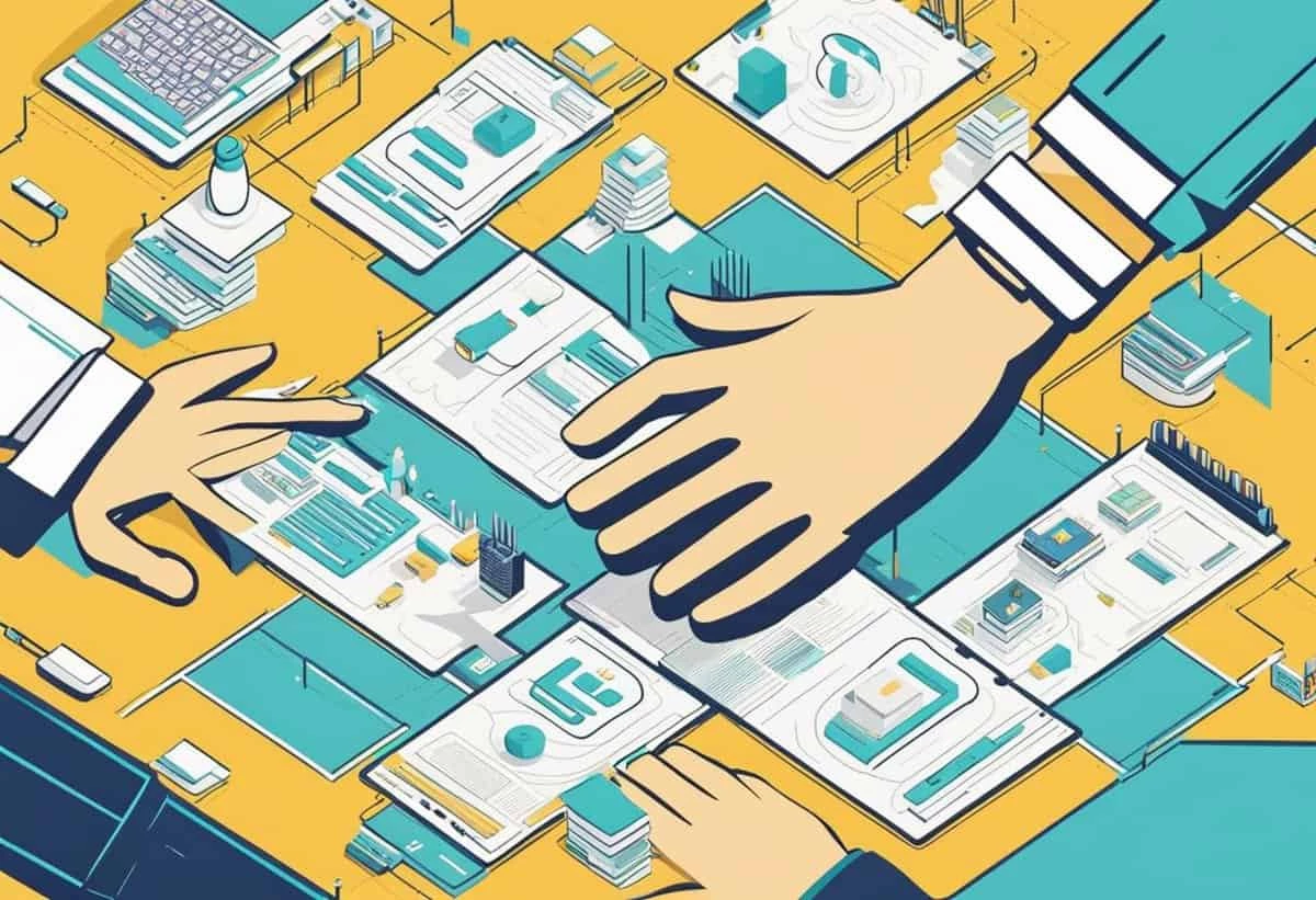 Illustration of a handshake over a stylized office layout, symbolizing a business agreement or partnership.
