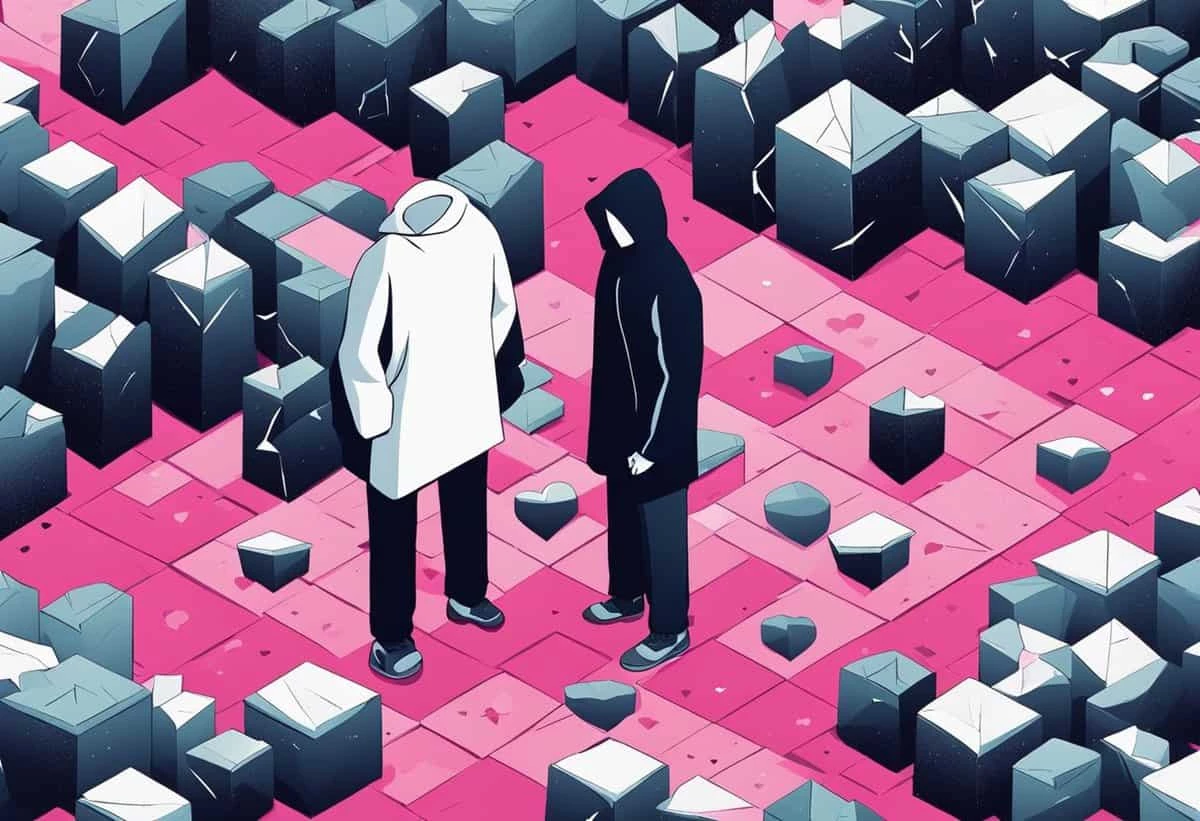 Two individuals standing amidst a pattern of pink-hued geometric shapes, with a subtle motif of hearts surrounding them.