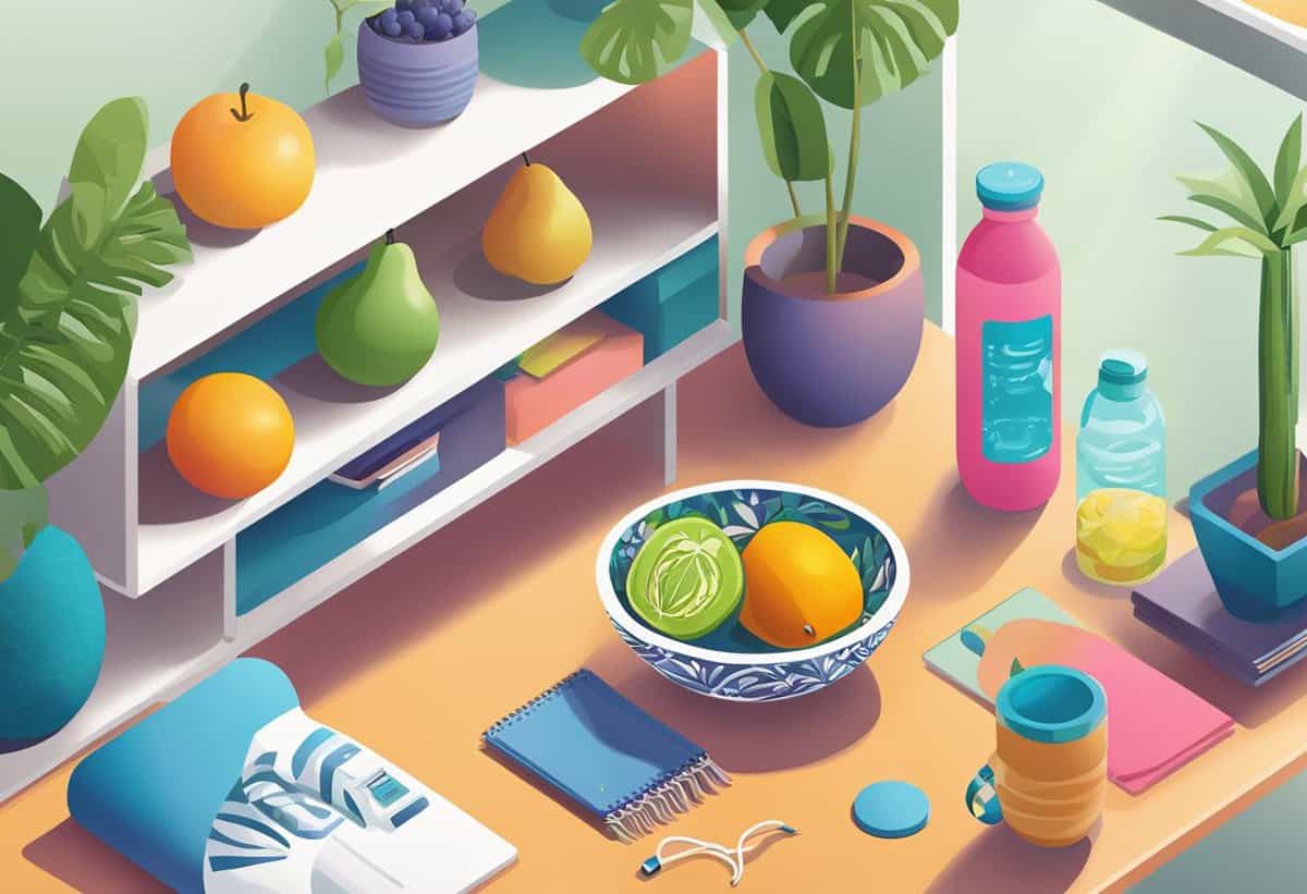 A colorful illustration of a well-organized desk with fruits, notebooks, plants, and beverages in a pastel-colored setting.