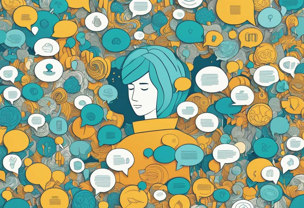Illustration of a person surrounded by a myriad of colorful conversation bubbles and social media icons, representing online communication and digital interaction.