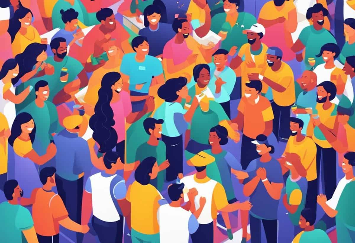 A vibrant illustration depicting a diverse group of animated people socializing at a lively gathering.