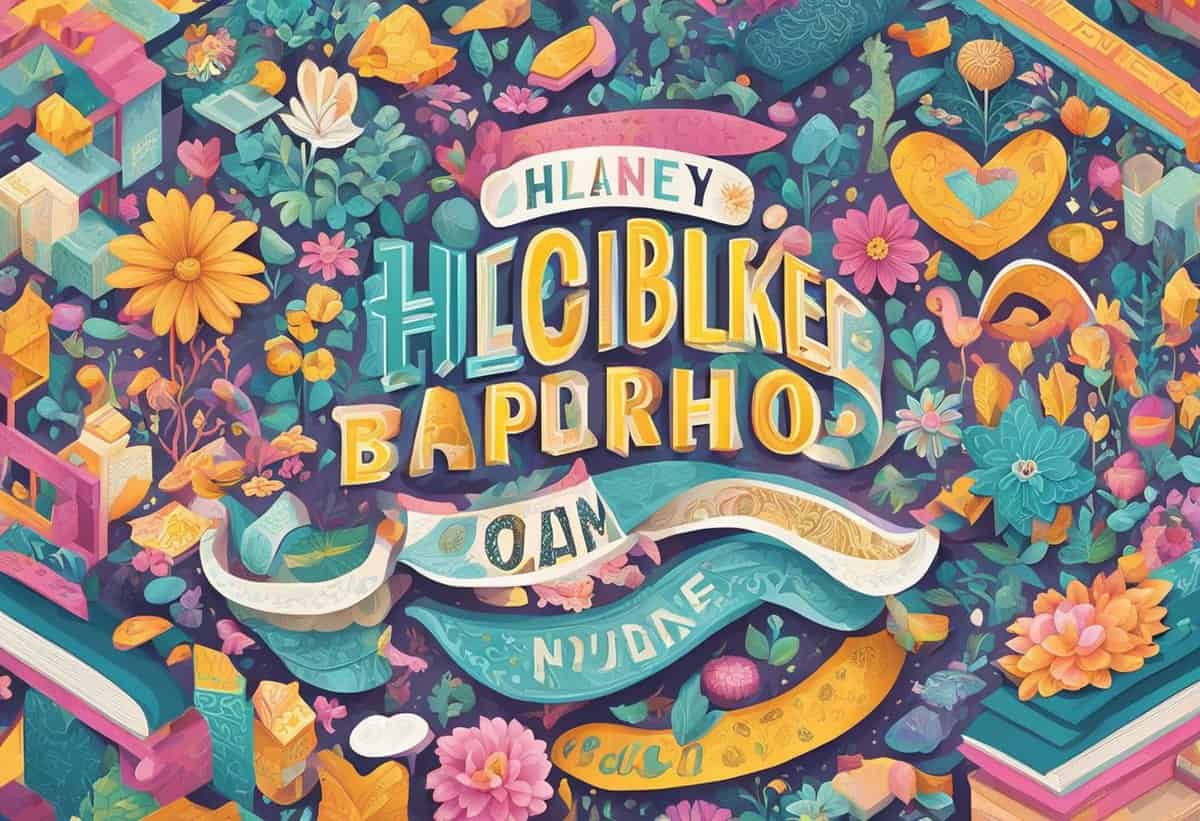 A vibrant, colorful illustration featuring an intricate mix of floral and ornamental elements, surrounding bold and stylized lettering at the center.