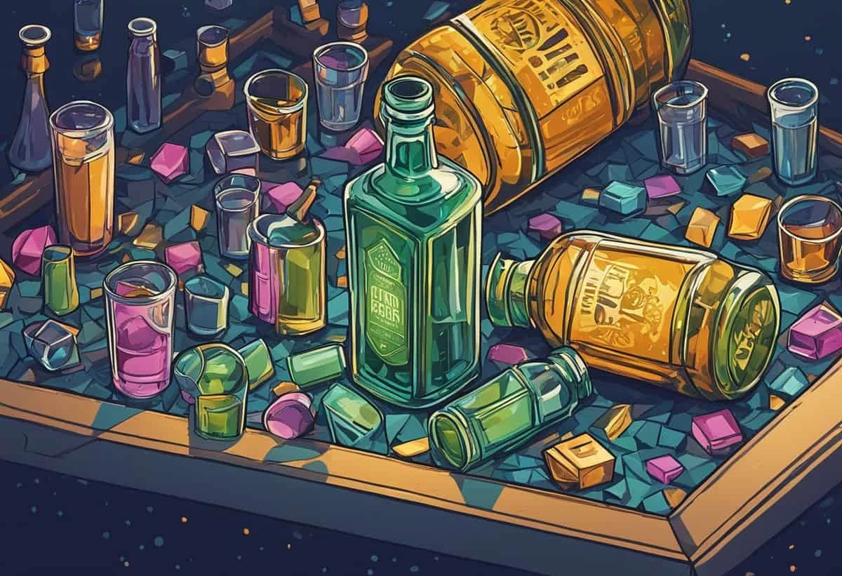 An assortment of colorful bottles and glasses scattered across a table, suggestive of a vibrant nightlife setting.