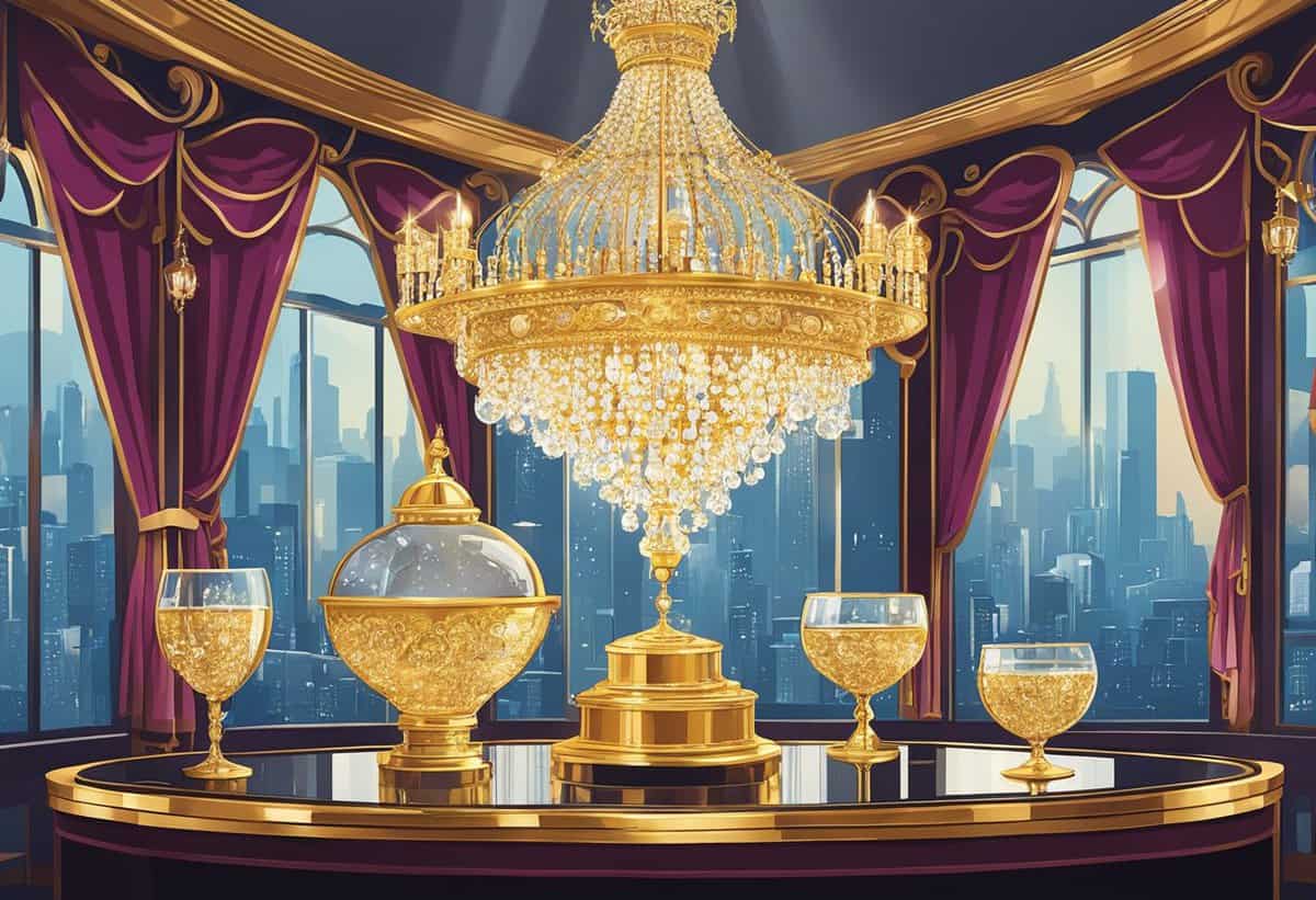 Opulent interior with a crystal chandelier, golden ornaments, and a cityscape view through large windows.