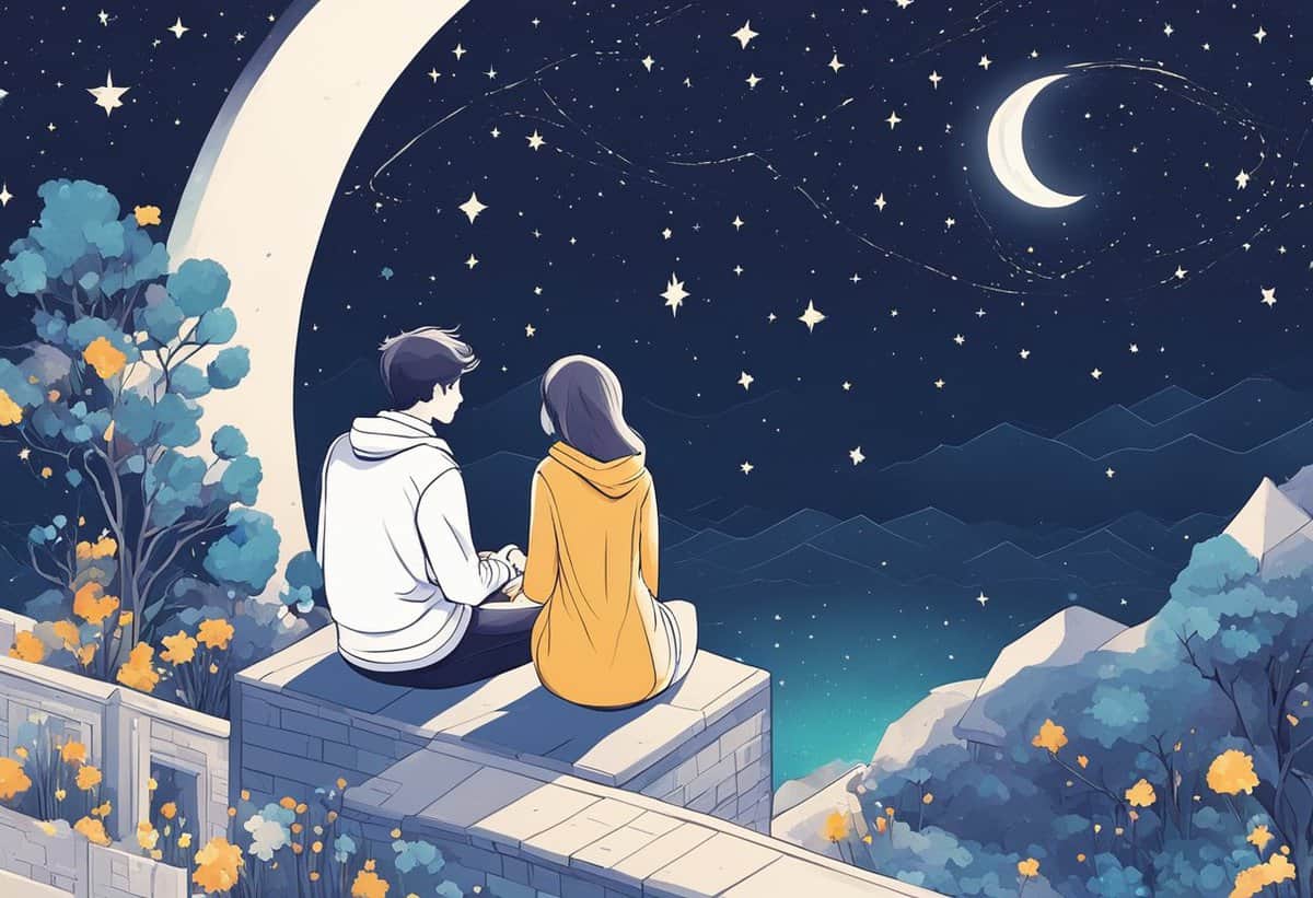 Two people sitting together on a wall, overlooking a scenic night landscape under a starry sky.