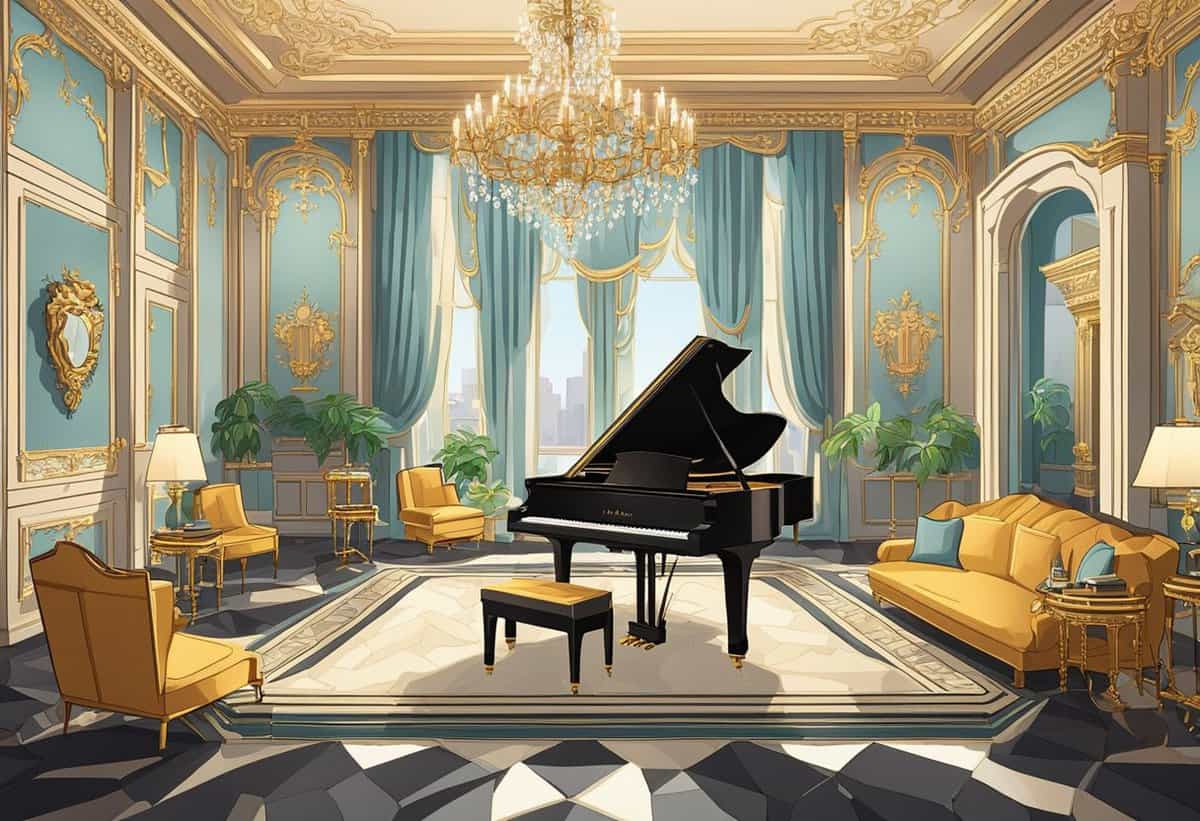 Opulent room with grand piano and elegant decor.