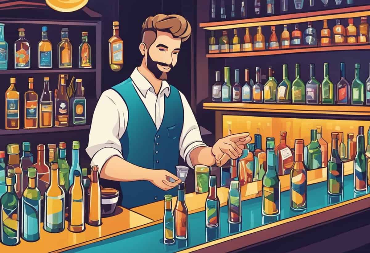 Bartender preparing a drink at a well-stocked bar.