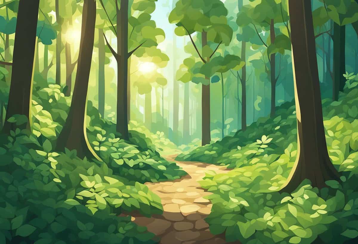 A sunlit pathway winds through a lush, verdant forest.