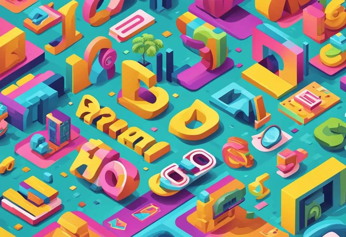 Colorful 3d isometric typography art featuring various letters and symbols in a vibrant pattern.