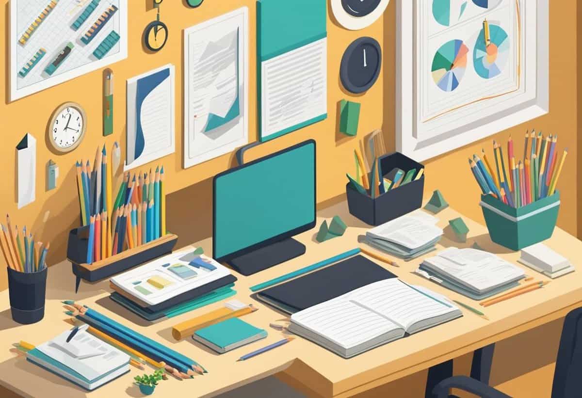 An organized workspace with a computer, stationery, and documents.